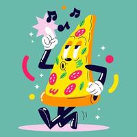 snel voedsel pizza mascotte, tekenfilm retro kunst, wijnoogst illustratie karakter vector