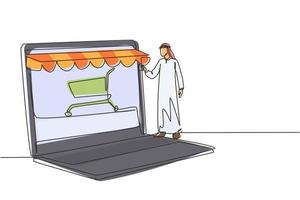 enkele ononderbroken lijntekening arabische man creditcard invoegen in luifel laptopscherm met winkelwagen. e-shop, digitaal betalingsconcept. dynamische één lijn trekken grafisch ontwerp vectorillustratie vector