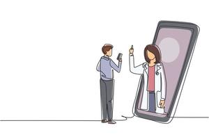 continue één lijntekening mannelijke patiënt met smartphone die tegenover gigantische smartphone staat en vrouwelijke arts raadpleegt. dokter online concept. enkele lijn tekenen ontwerp vector grafische afbeelding