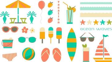 vector verzameling van zomer voorwerpen in een vlak stijl, gemakkelijk zomer stickers, seizoensgebonden illustraties.