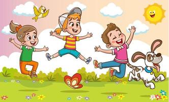 gelukkig weinig kinderen hebben plezier. vector illustratie van schattig kinderen jumping dansen
