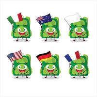 groen school- zak tekenfilm karakter brengen de vlaggen van divers landen vector