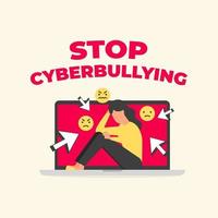 stop cyberpesten tekst met trieste vrouw zittend op laptop. pesten op sociale media, cyberpesten. vector