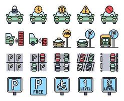 parkeerplaats gerelateerde gevulde pictogramserie, vectorillustratie vector