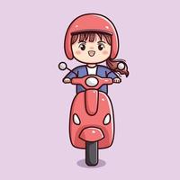 schattig meisje of vrouw rijden motorfiets scooter vlak schets karakter tekenfilm chibi kawaii vector