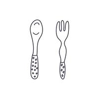 baby vork en lepel in tekening stijl. hand- getrokken vector illustratie in zwart inkt Aan wit achtergrond