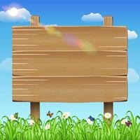 1503 houten bord op gras en vlinder met sky427670392 vector