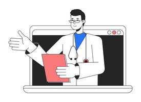 online dokter bezoek Aan laptop vlak lijn concept vector plek illustratie. telehealth aanbieder 2d tekenfilm karakter Aan wit voor web ui ontwerp. bewerkbare held beeld voor website landingen, mobiel kopteksten