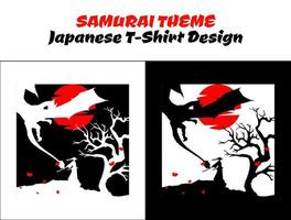 samurai met draak. silhouet Japan samurai vector voor ontwerp t-shirt concept. samurai met rood maan. samurai vector illustratie. streetwear thema t-shirt.