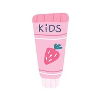tandpasta met aardbeiensmaak voor kinderen, met de hand geschilderd op een witte achtergrond. vector afbeelding in een vlakke stijl, pictogram