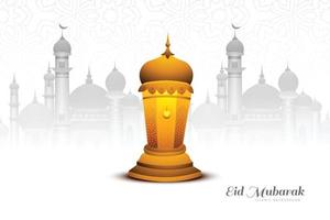 eid mubarak moskee met lantaarn kaart achtergrond vector