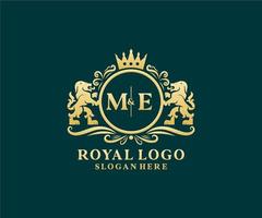 eerste me brief leeuw Koninklijk luxe logo sjabloon in vector kunst voor restaurant, royalty, boetiek, cafe, hotel, heraldisch, sieraden, mode en andere vector illustratie.