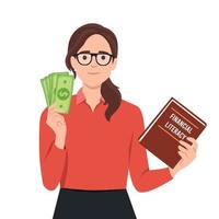 vrouw Holding financieel geletterdheid boek en contant geld geld. financieel onderwijs illustratie. leerling tekens investeren geld in onderwijs en kennis. vector