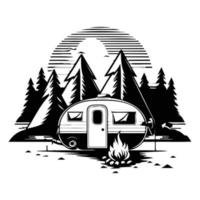 camper kamp camping plaats met bergen en boom, camping in de bossen, camping met aanhangwagen landschap in retro stijl, SVG het dossier. vector