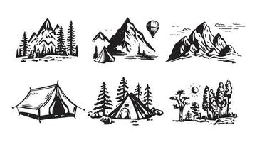 camping set, berg landschap, hand- getrokken stijl, vector illustratie.