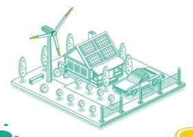 isometrische slim huis met zonne- panelen, wind turbine en elektrisch transformator. generatie van groen energie. duurzame hernieuwbaar levensstijl. groen energie industrie. vector