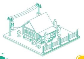 isometrische klein huis met elektrisch pool en transformator Aan het. elektrisch energie distributie ketting. schets concept. vector