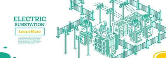 isometrische energie onderstation. elektrisch transformator. schets concept. vector illustratie. groen kleur. een deel van distributie ketting.