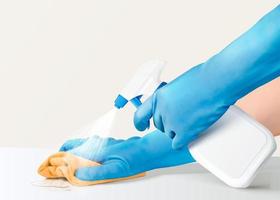 3d illustratie van realistisch handen Holding op gang brengen verstuiven fles en gebruik makend van tapijt naar Doen reiniging Aan wit tafel vector