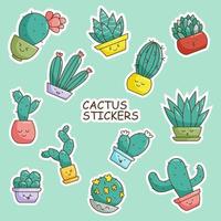 reeks van stickers van cactussen in potten met grappig gezichten vector