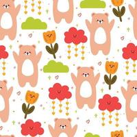 naadloos patroon tekenfilm beer en bloem. schattig dier behang illustratie voor geschenk inpakken papier vector