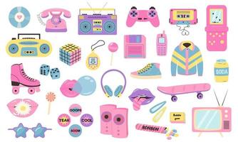 retro 80s 90s clip art set. roze pastel kleuren y2k aantrekkingskracht mode lapje, insigne, embleem, stickers. vector