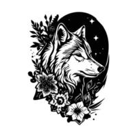 wolf met bloemen, wolf hoofd, wolf bloem tatoeëren vector