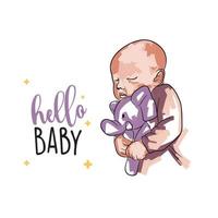 baby kaart, Hallo baby, hand- belettering, weinig jongen met een speelgoed, pasgeboren in tekening vector