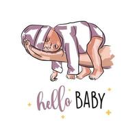 mooi kaart met vallend in slaap baby in hand, pasgeboren in tekening stijl, Hallo baby vector