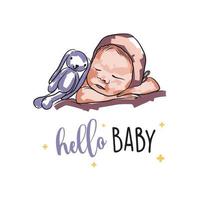 elegant pasgeboren baby met speelgoed, Hallo baby, hand- belettering, baby in tekening stijl, kaart Aan wit achtergrond vector