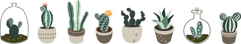 cactus in potten. sappig fabriek huis decoratie, schattig tekenfilm tuin cactus met bloesem en doornen. stekelig bloemen groen, botanisch bloeiend decor elementen. kamerplanten vector geïsoleerd reeks