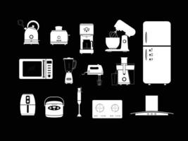 keuken toestel reeks silhouet vlak vector. reeks van 14 keuken elektrisch werktuig pictogrammen Aan zwart achtergrond voor web. keuken concept. keuken gadgets. keukengerei vector