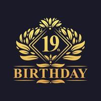 19 jaar verjaardag logo, luxe gouden 19e verjaardag. vector