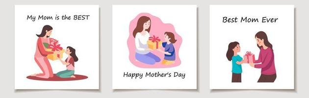 reeks van drie kaarten met moeder dag. kinderen geven zijn moeder geschenk. vector tekenfilm illustratie voor of verjaardag.