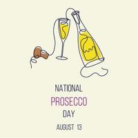 nationaal prosecco dag. glas van sprankelend wijn, fles en kurk. prosecco dag poster, augustus 13. lijn kunst vector illustratie.