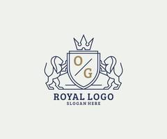 eerste og brief leeuw Koninklijk luxe logo sjabloon in vector kunst voor restaurant, royalty, boetiek, cafe, hotel, heraldisch, sieraden, mode en andere vector illustratie.