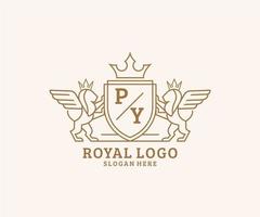 eerste py brief leeuw Koninklijk luxe heraldisch, wapen logo sjabloon in vector kunst voor restaurant, royalty, boetiek, cafe, hotel, heraldisch, sieraden, mode en andere vector illustratie.