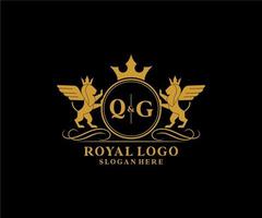 eerste qg brief leeuw Koninklijk luxe heraldisch, wapen logo sjabloon in vector kunst voor restaurant, royalty, boetiek, cafe, hotel, heraldisch, sieraden, mode en andere vector illustratie.