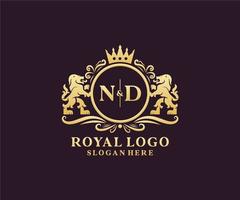 eerste nd brief leeuw Koninklijk luxe logo sjabloon in vector kunst voor restaurant, royalty, boetiek, cafe, hotel, heraldisch, sieraden, mode en andere vector illustratie.