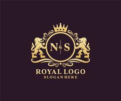 eerste NS brief leeuw Koninklijk luxe logo sjabloon in vector kunst voor restaurant, royalty, boetiek, cafe, hotel, heraldisch, sieraden, mode en andere vector illustratie.