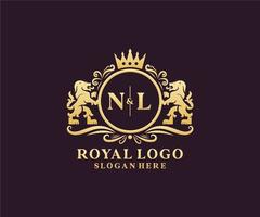 eerste nl brief leeuw Koninklijk luxe logo sjabloon in vector kunst voor restaurant, royalty, boetiek, cafe, hotel, heraldisch, sieraden, mode en andere vector illustratie.