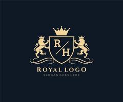 eerste rh brief leeuw Koninklijk luxe heraldisch, wapen logo sjabloon in vector kunst voor restaurant, royalty, boetiek, cafe, hotel, heraldisch, sieraden, mode en andere vector illustratie.