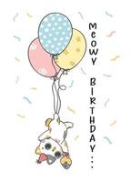 schattig grappig verjaardag calico katje kat met ballonnen, miauw verjaardag, vrolijk huisdier dier tekenfilm tekening karakter tekening vector