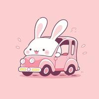 een tekenfilm konijn met een roze auto Aan een roze achtergrond. vector