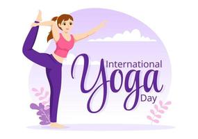 Internationale yoga dag illustratie Aan juni 21 met vrouw aan het doen lichaam houding praktijk of meditatie in gezondheidszorg vlak tekenfilm hand- getrokken Sjablonen vector