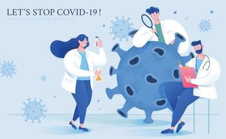 dank u banier voor virus wetenschappers in vlak stijl, met wetenschappers werken samen naar vind effectief vaccin en behandelingen voor covid-19 vector