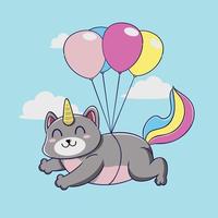 schattig kat eenhoorn met ballonnen helium in de lucht vector illustratie ontwerp