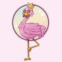 roze flamingo met gouden kroon in ronde kader. vector illustratie.