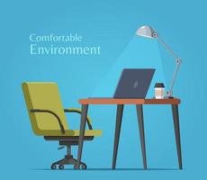 knus werkplaats met groen kantoor stoel, laptop en koffie Aan blauw achtergrond, vlak stijl illustratie vector