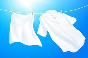 schoon en wit kleren hangende Aan het wassen lijn tegen blauw lucht, 3d illustratie vector